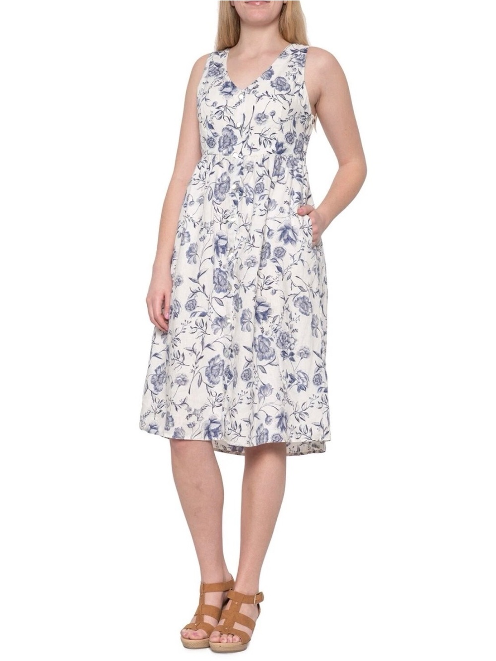 Cynthia Rowley 100% Linen Blue White Floral Fit & Flare Dress Size 10